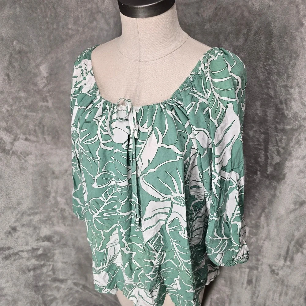 Kalaheo Blouse Top Women 2XL Green Monstera Leaf Print Rayon Tropical Relaxed